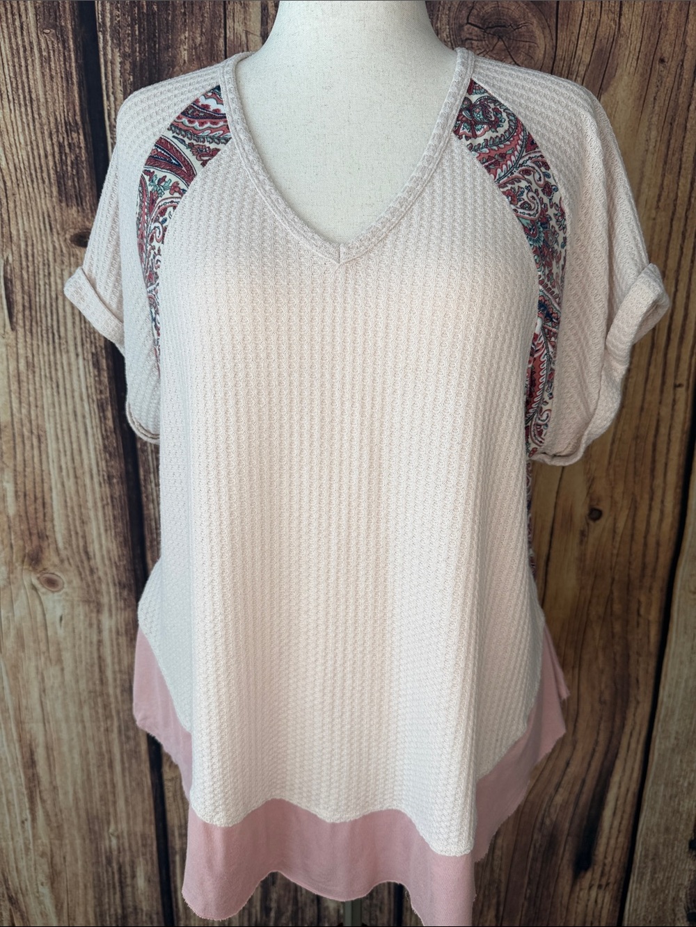 Umgee Blush Waffle V-Neck Top with Paisley Shoulder Insets